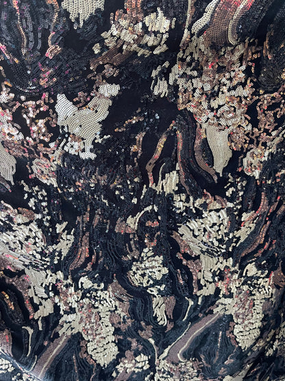 New abstract design luxury sequins embroidered on stretch velvet 2-way stretch 58/60” Sold by the YD. Ships Worldwide from Los Angeles CA.