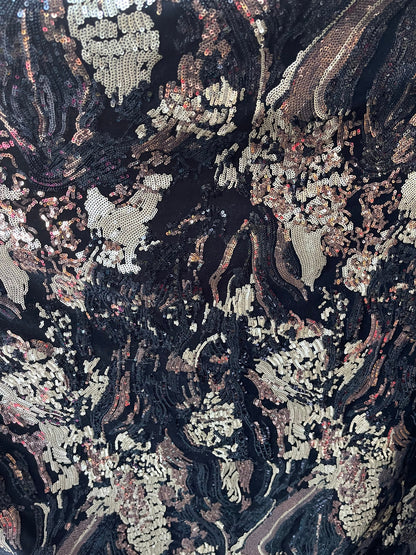 New abstract design luxury sequins embroidered on stretch velvet 2-way stretch 58/60” Sold by the YD. Ships Worldwide from Los Angeles CA.