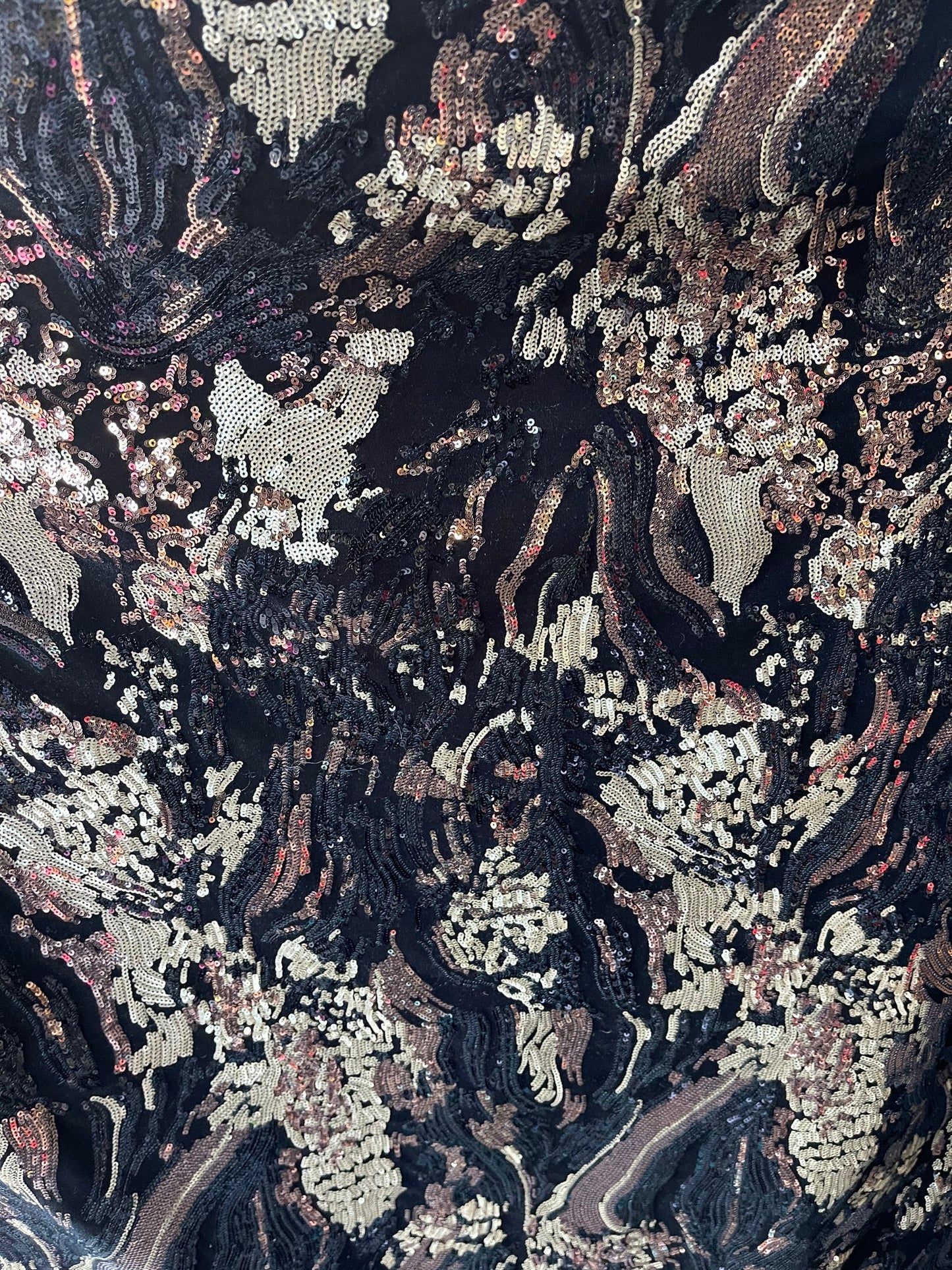 New abstract design luxury sequins embroidered on stretch velvet 2-way stretch 58/60” Sold by the YD. Ships Worldwide from Los Angeles CA.