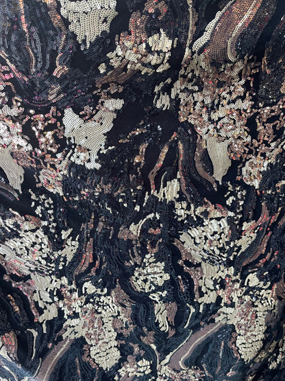 New abstract design luxury sequins embroidered on stretch velvet 2-way stretch 58/60” Sold by the YD. Ships Worldwide from Los Angeles CA.