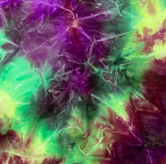 Green Magenta purple Tie Dye Luxury stretch velvet 4-way stretch 58/60” Sold by the YD. Ships Worldwide from Los Angeles California USA.