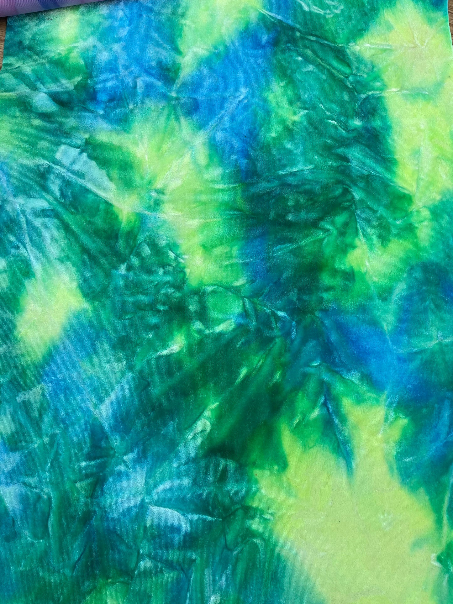 Green blue/yellow Tie Dye Luxury stretch velvet 4-way stretch 58/60” Sold by the YD. Ships Worldwide from Los Angeles California USA.