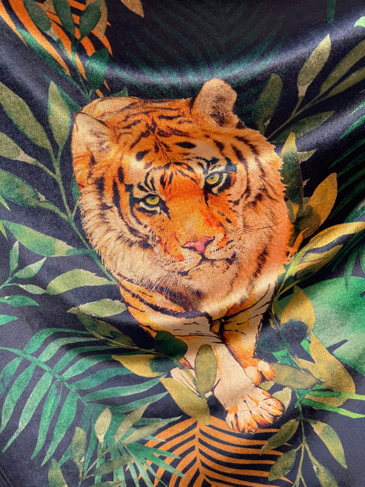 Exotic Tiger design print on great quality of stretch velvet 4-way stretch 58/60” Sold by the YD. Ships Worldwide from Los Angeles cali USA.
