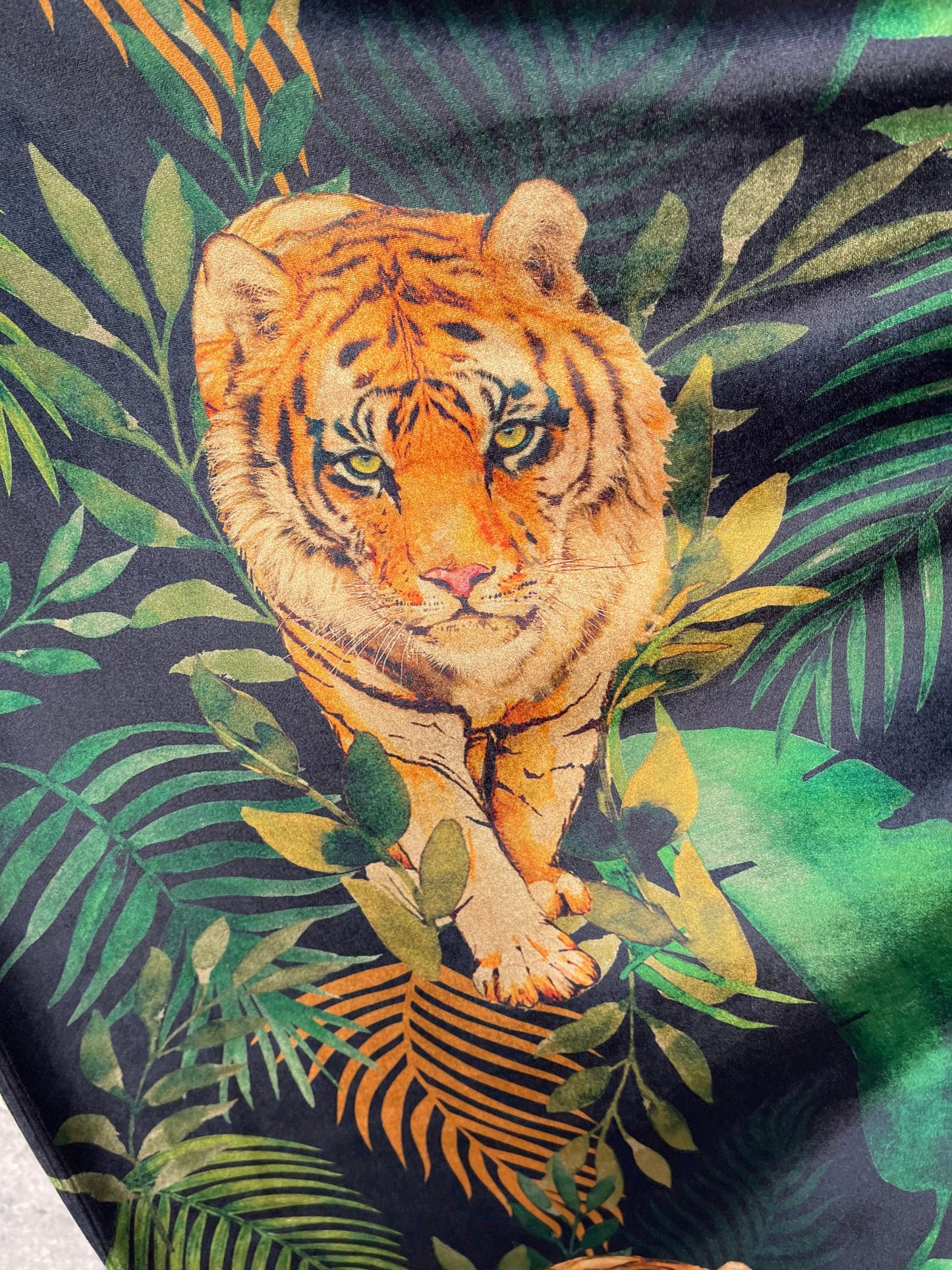 Exotic Tiger design print on great quality of stretch velvet 4-way stretch 58/60” Sold by the YD. Ships Worldwide from Los Angeles cali USA.