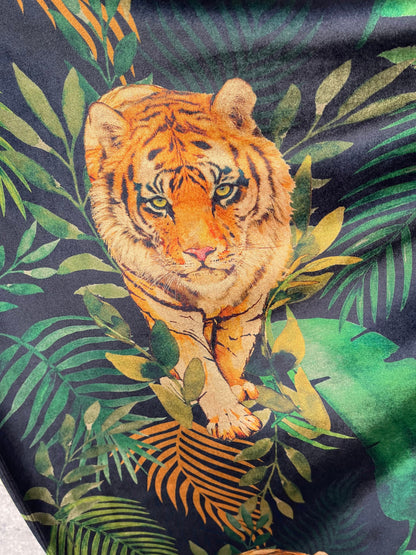 Exotic Tiger design print on great quality of stretch velvet 4-way stretch 58/60” Sold by the YD. Ships Worldwide from Los Angeles cali USA.