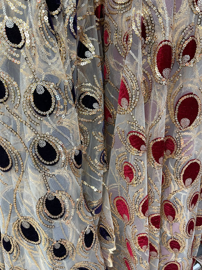 New Peacock design embroidered on stretch mesh 2-way 55/57 Sold by the YD. Ships Worldwide from Los Angeles California USA.