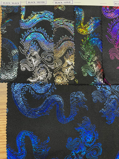 Exotic Dancing Dragón design hologram nylon spandex 4-way stretch 58/60” Sold by the YD. Ships Worldwide from Los Angeles California USA.