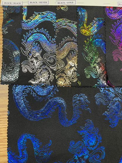 Exotic Dancing Dragón design hologram nylon spandex 4-way stretch 58/60” Sold by the YD. Ships Worldwide from Los Angeles California USA.