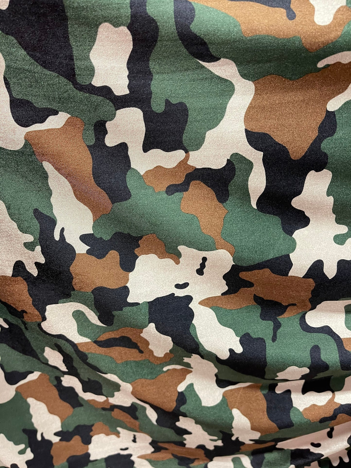 Camouflage design army green color print of great quality of stretch velvet 4-way stretch 58/60” Sold by the YD. Ships Worldwide