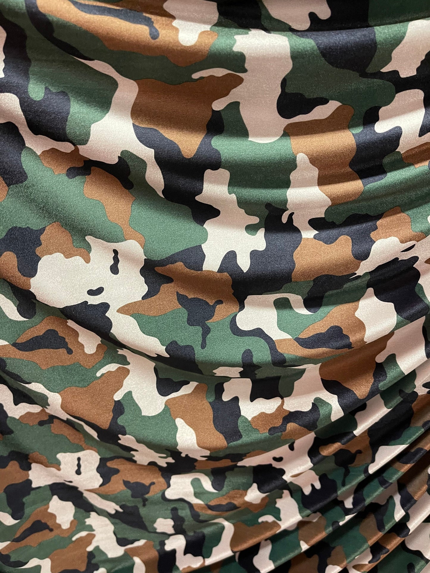 Camouflage design army green color print of great quality of stretch velvet 4-way stretch 58/60” Sold by the YD. Ships Worldwide