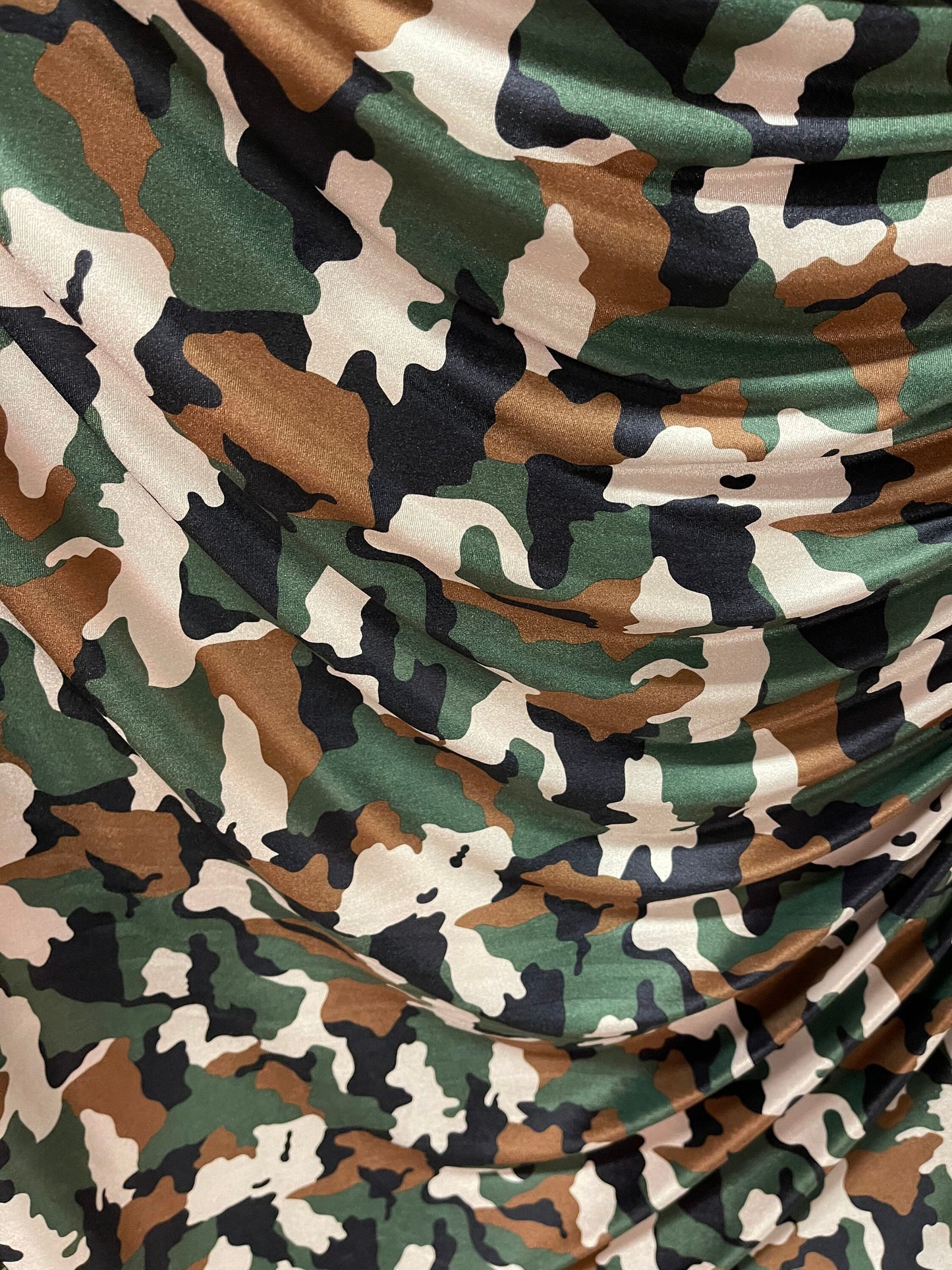 Camouflage design army green color print of great quality of stretch velvet 4-way stretch 58/60” Sold by the YD. Ships Worldwide