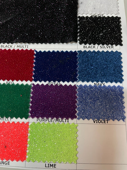 Sparkling glitter on great quality of stretch velvet 4-way stretch 58/60” Sold by the YD. Ships Worldwide from Los Angeles California USA.