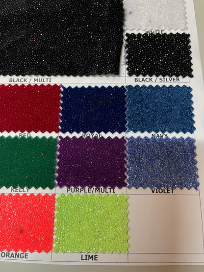 Sparkling glitter on great quality of stretch velvet 4-way stretch 58/60” Sold by the YD. Ships Worldwide from Los Angeles California USA.