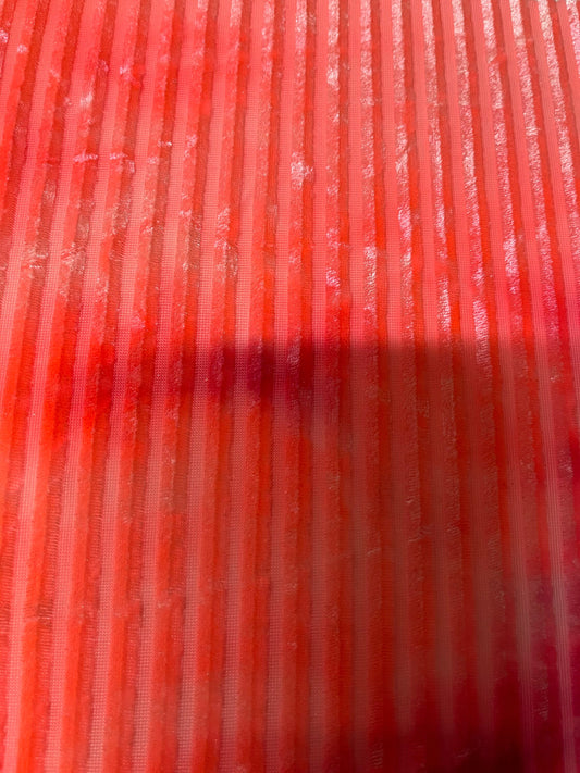 New Stripes burnout velvet tie dye hot pink  4-way stretch 58/60” Sold by the YD. Ships Worldwide from Los Angeles California USA.