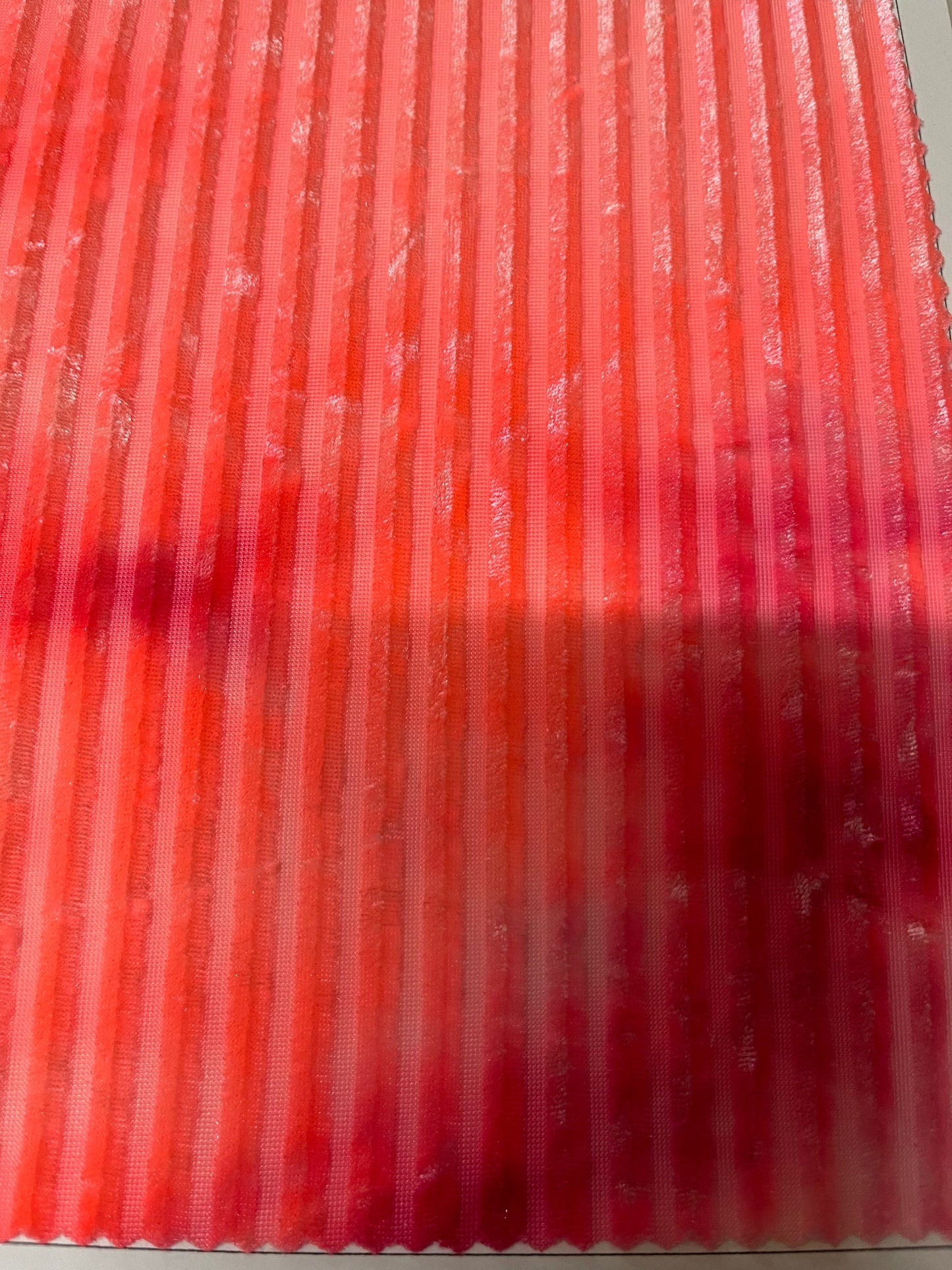 New Stripes burnout velvet tie dye hot pink  4-way stretch 58/60” Sold by the YD. Ships Worldwide from Los Angeles California USA.