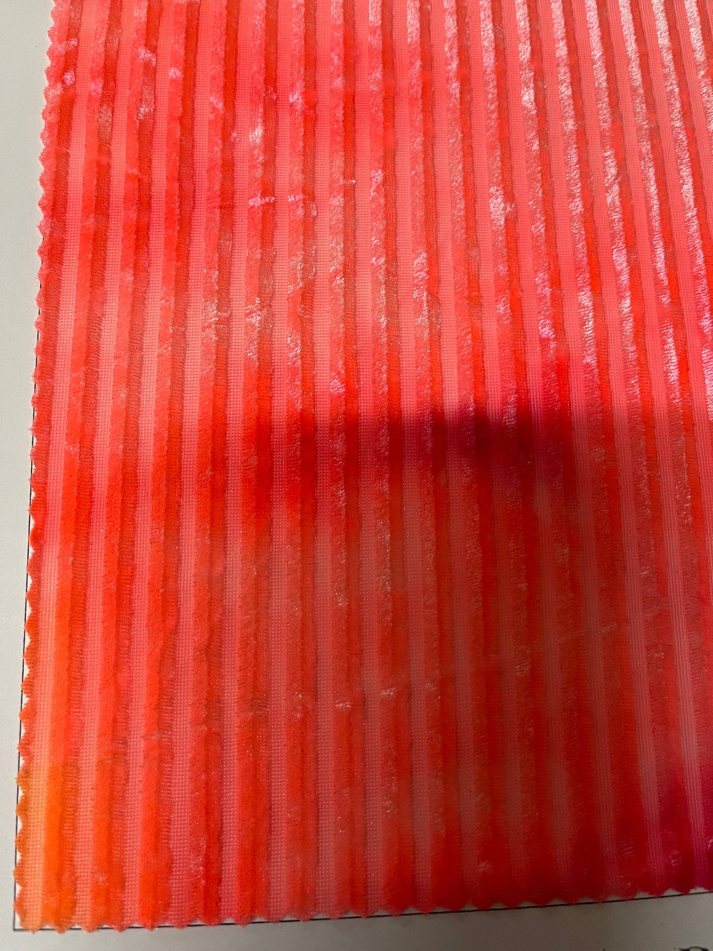 New Stripes burnout velvet tie dye hot pink  4-way stretch 58/60” Sold by the YD. Ships Worldwide from Los Angeles California USA.