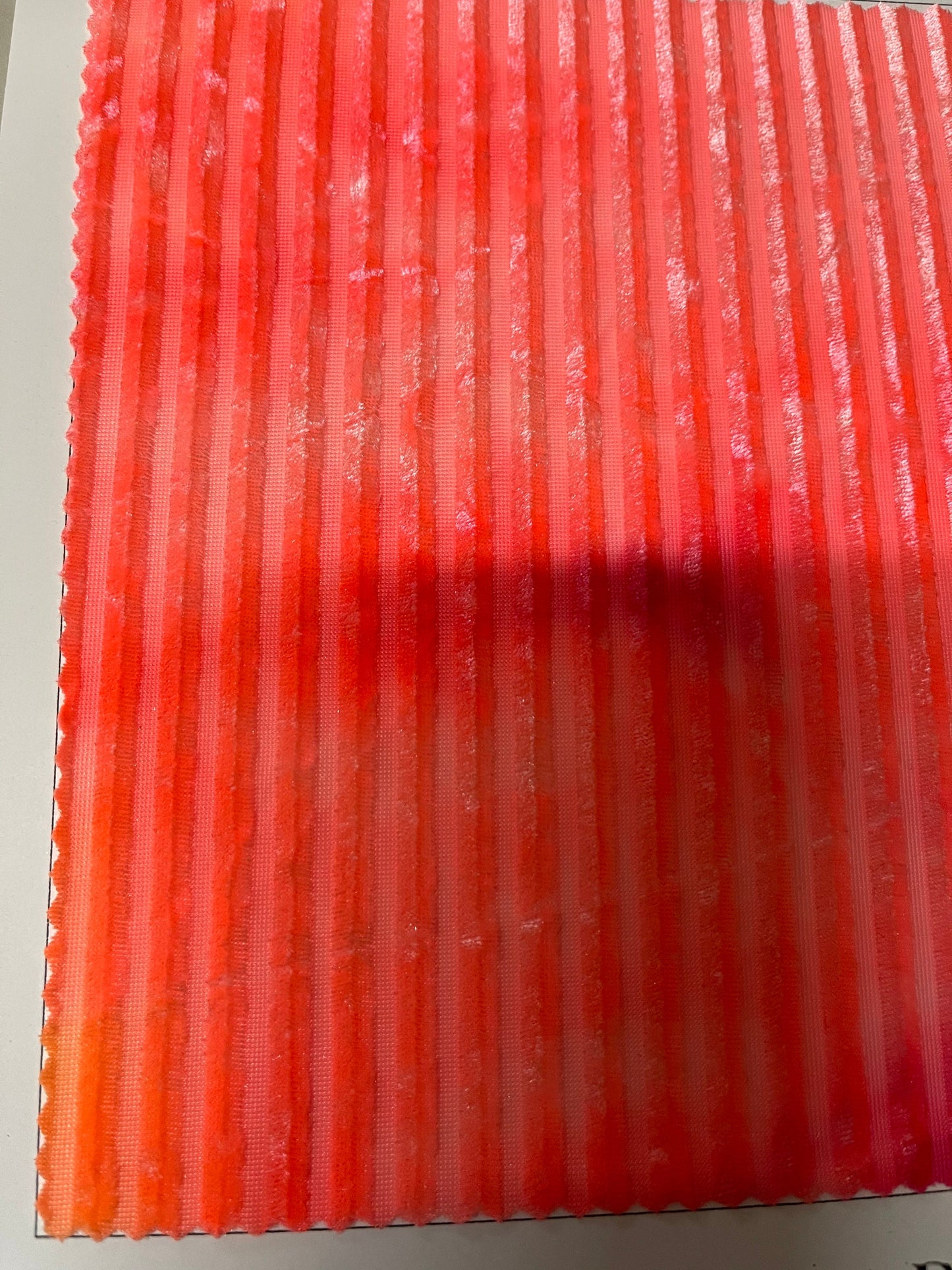 New Stripes burnout velvet tie dye hot pink  4-way stretch 58/60” Sold by the YD. Ships Worldwide from Los Angeles California USA.