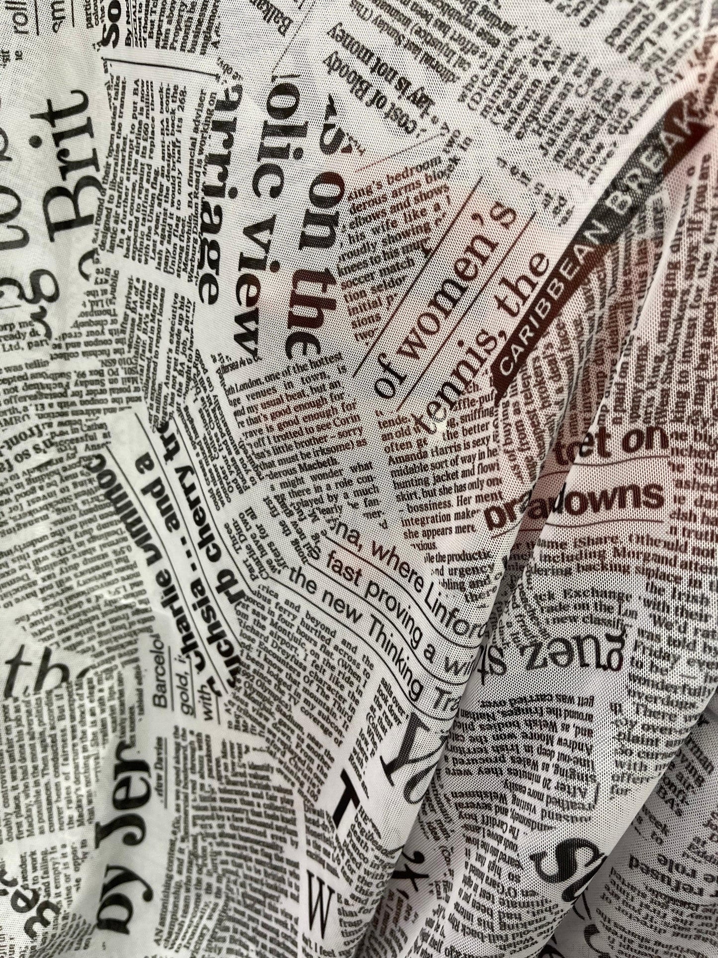 Newspaper design print on great quality of power mesh 4-way stretch 58/60” Sold by the YD. Ships Worldwide from Los Angeles California USA.