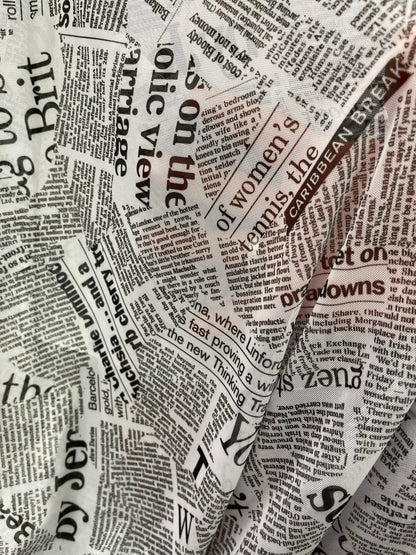 Newspaper design print on great quality of power mesh 4-way stretch 58/60” Sold by the YD. Ships Worldwide from Los Angeles California USA.