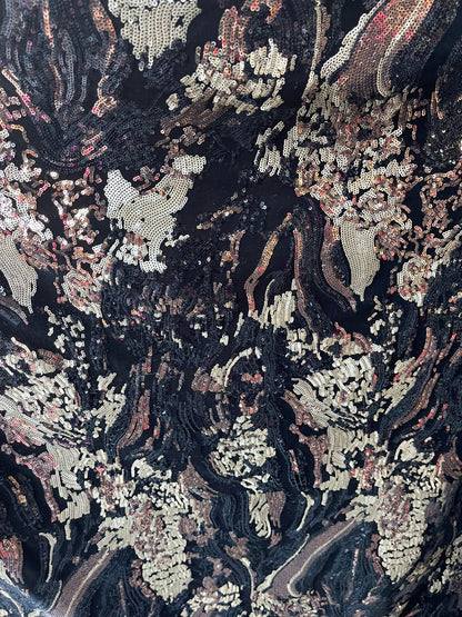 New abstract design luxury sequins embroidered on stretch velvet 2-way stretch 58/60” Sold by the YD. Ships Worldwide from Los Angeles CA.