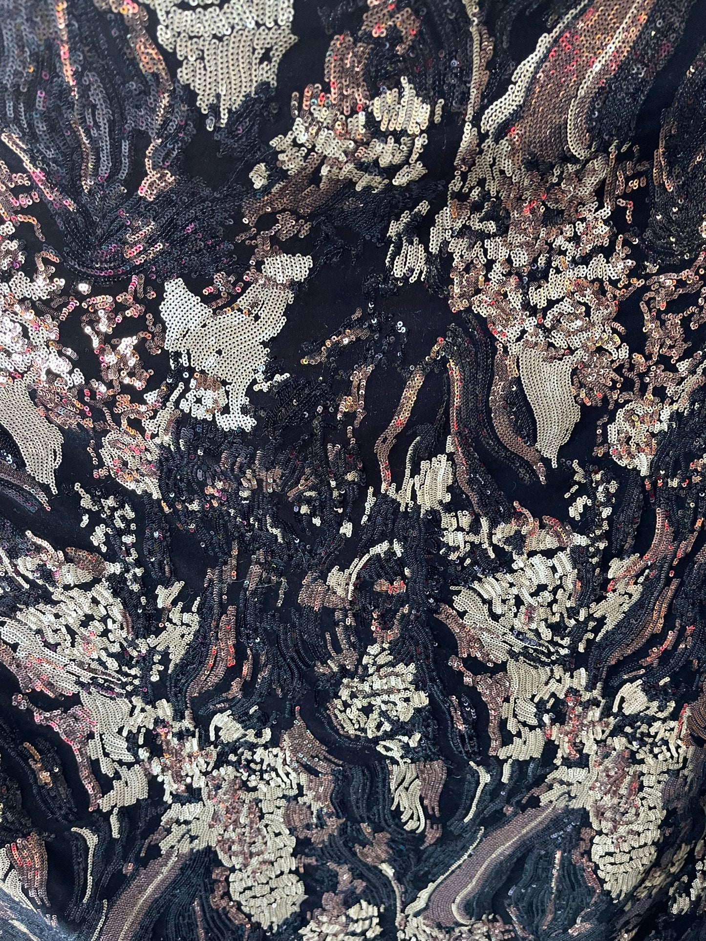 New abstract design luxury sequins embroidered on stretch velvet 2-way stretch 58/60” Sold by the YD. Ships Worldwide from Los Angeles CA.