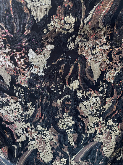 New abstract design luxury sequins embroidered on stretch velvet 2-way stretch 58/60” Sold by the YD. Ships Worldwide from Los Angeles CA.