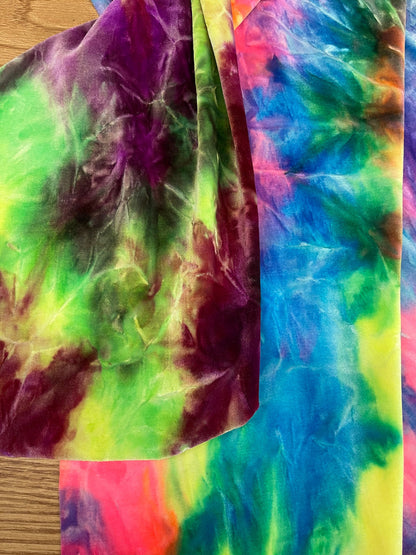 Green Magenta purple Tie Dye Luxury stretch velvet 4-way stretch 58/60” Sold by the YD. Ships Worldwide from Los Angeles California USA.