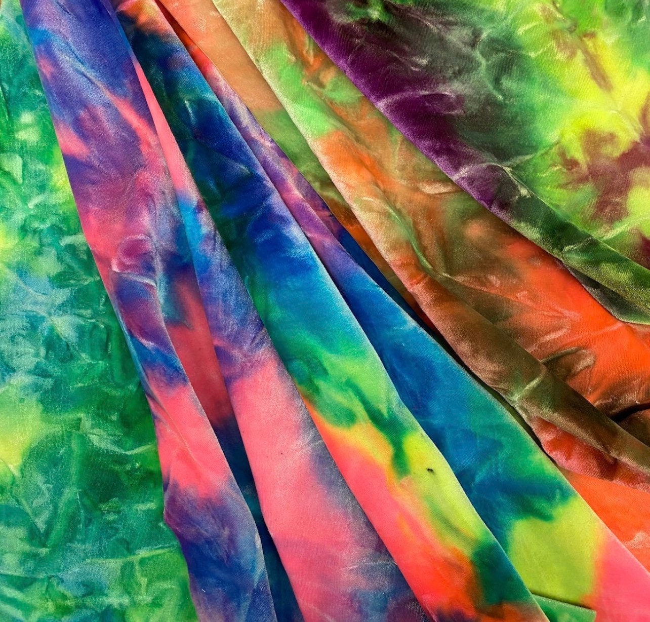 Green Magenta purple Tie Dye Luxury stretch velvet 4-way stretch 58/60” Sold by the YD. Ships Worldwide from Los Angeles California USA.