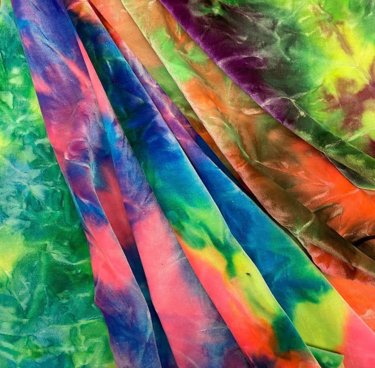 Green Magenta purple Tie Dye Luxury stretch velvet 4-way stretch 58/60” Sold by the YD. Ships Worldwide from Los Angeles California USA.