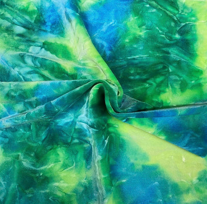 Green blue/yellow Tie Dye Luxury stretch velvet 4-way stretch 58/60” Sold by the YD. Ships Worldwide from Los Angeles California USA.