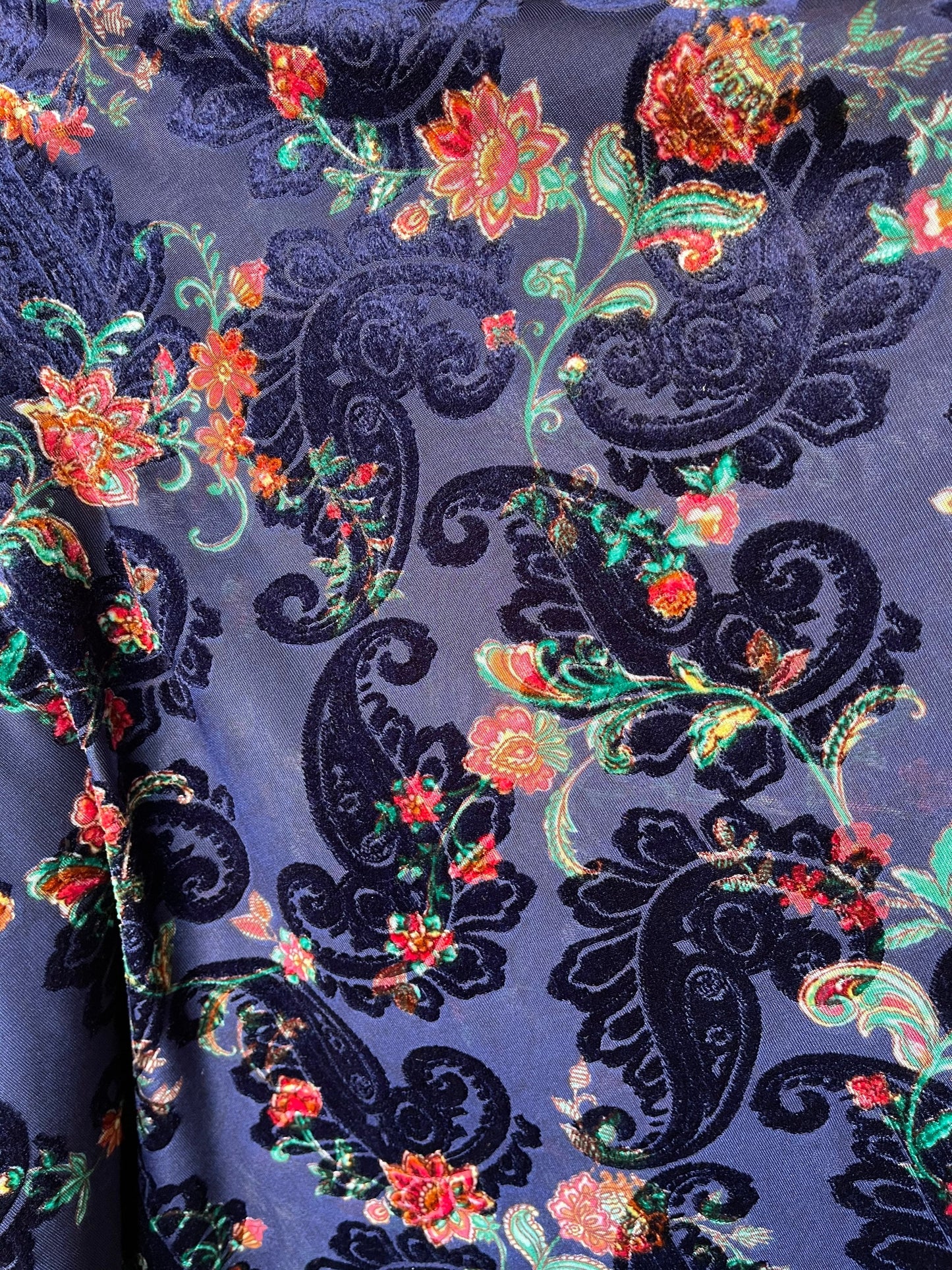 New Luxury burnout velvet paisley design Midnight blue 4-way stretch 58/60” Sold by the YD. Ships Worldwide from Los Angeles California USA