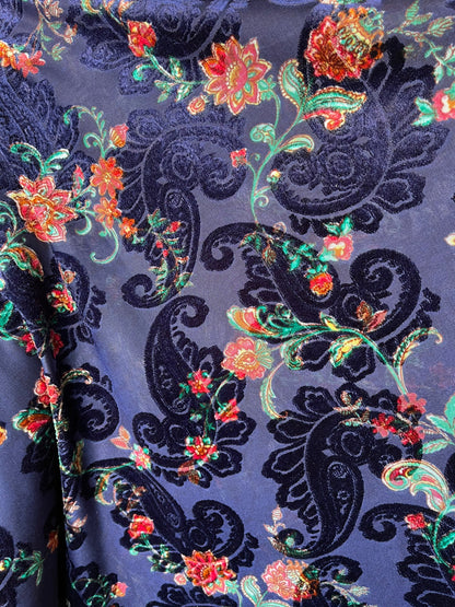 New Luxury burnout velvet paisley design Midnight blue 4-way stretch 58/60” Sold by the YD. Ships Worldwide from Los Angeles California USA
