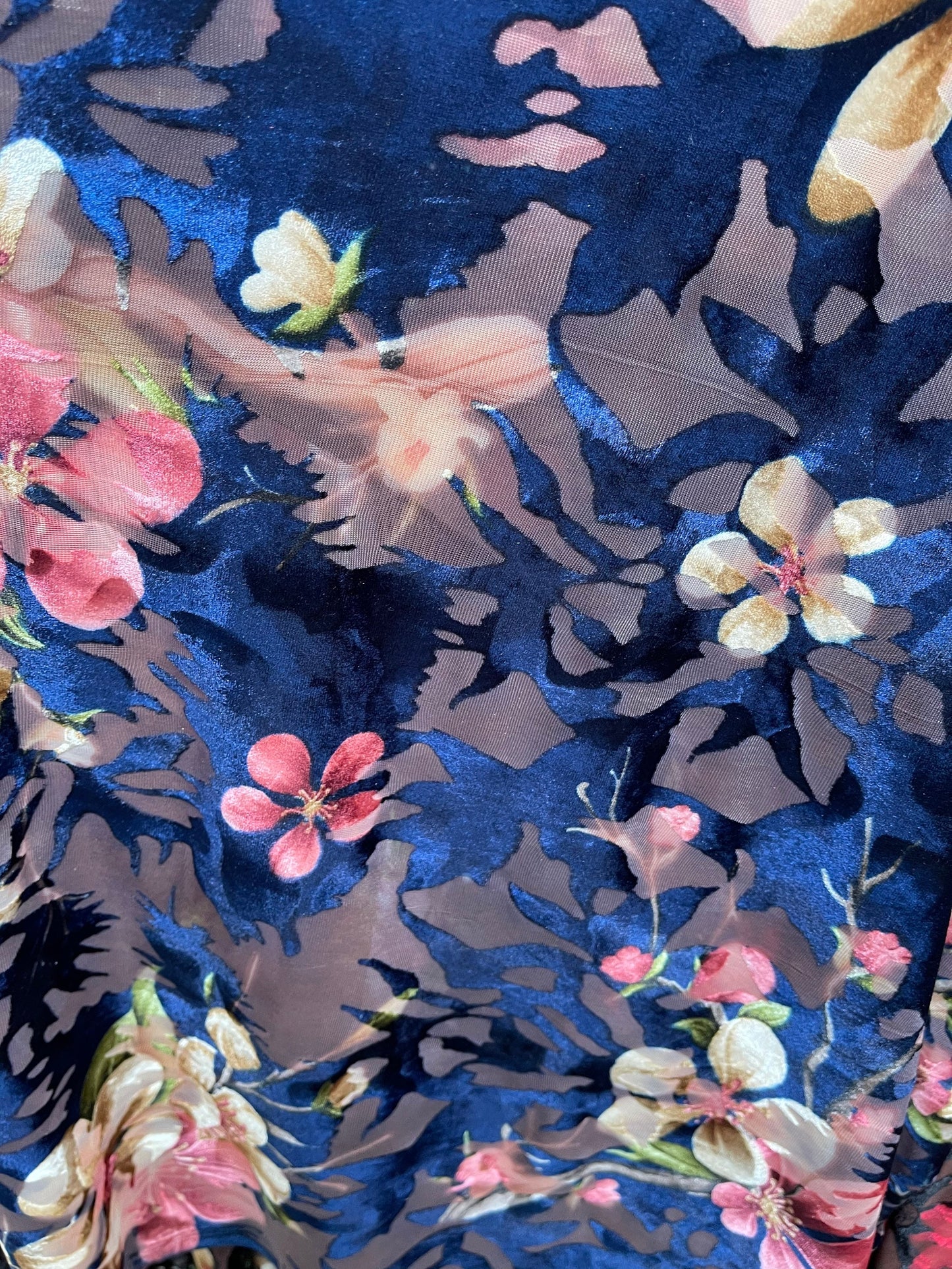 New Luxury burnout velvet flower design sapphire/multi 4-way stretch 54/55” Sold by the YD. Ships Worldwide from Los Angeles California USA.