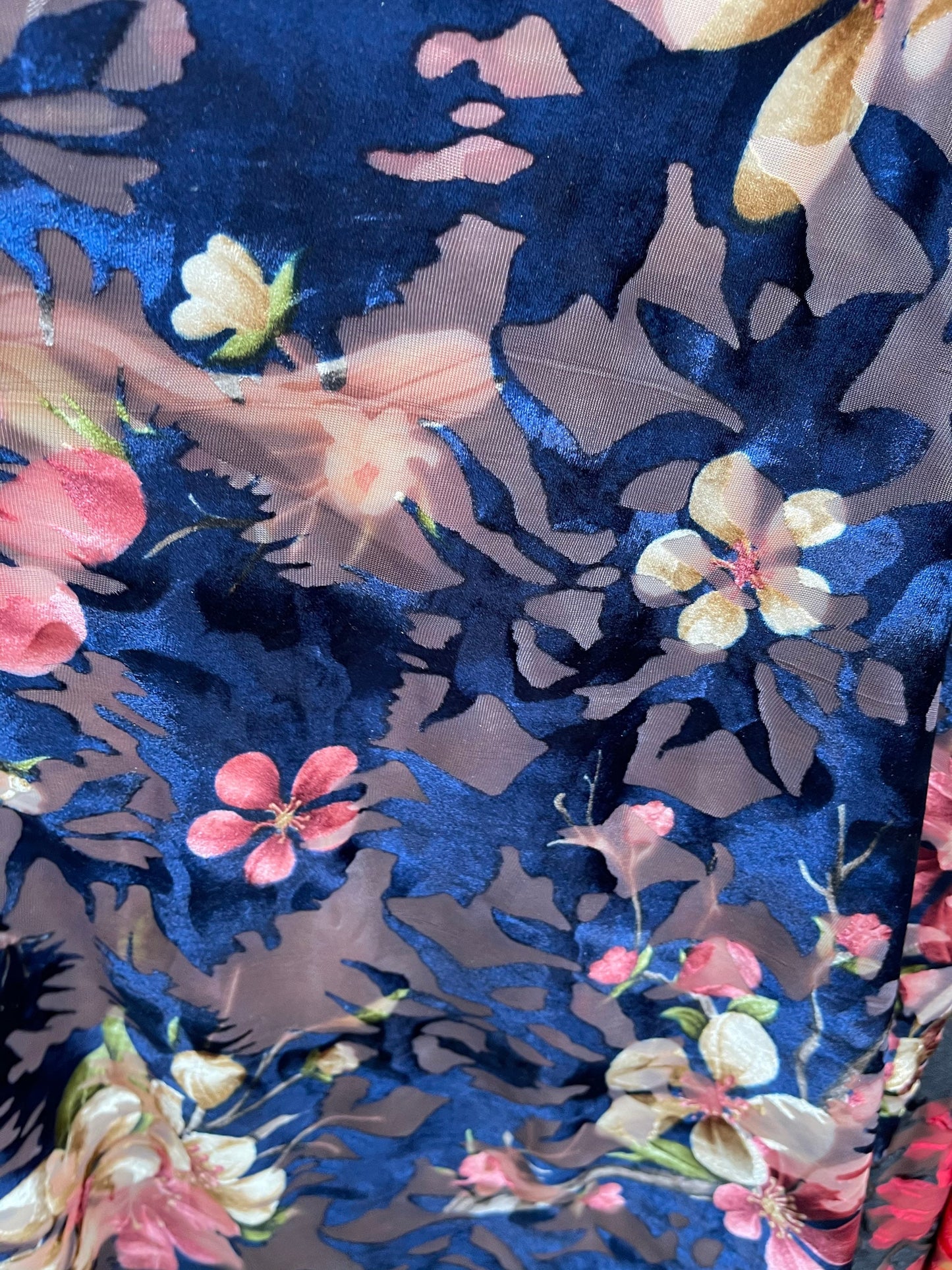 New Luxury burnout velvet flower design sapphire/multi 4-way stretch 54/55” Sold by the YD. Ships Worldwide from Los Angeles California USA.