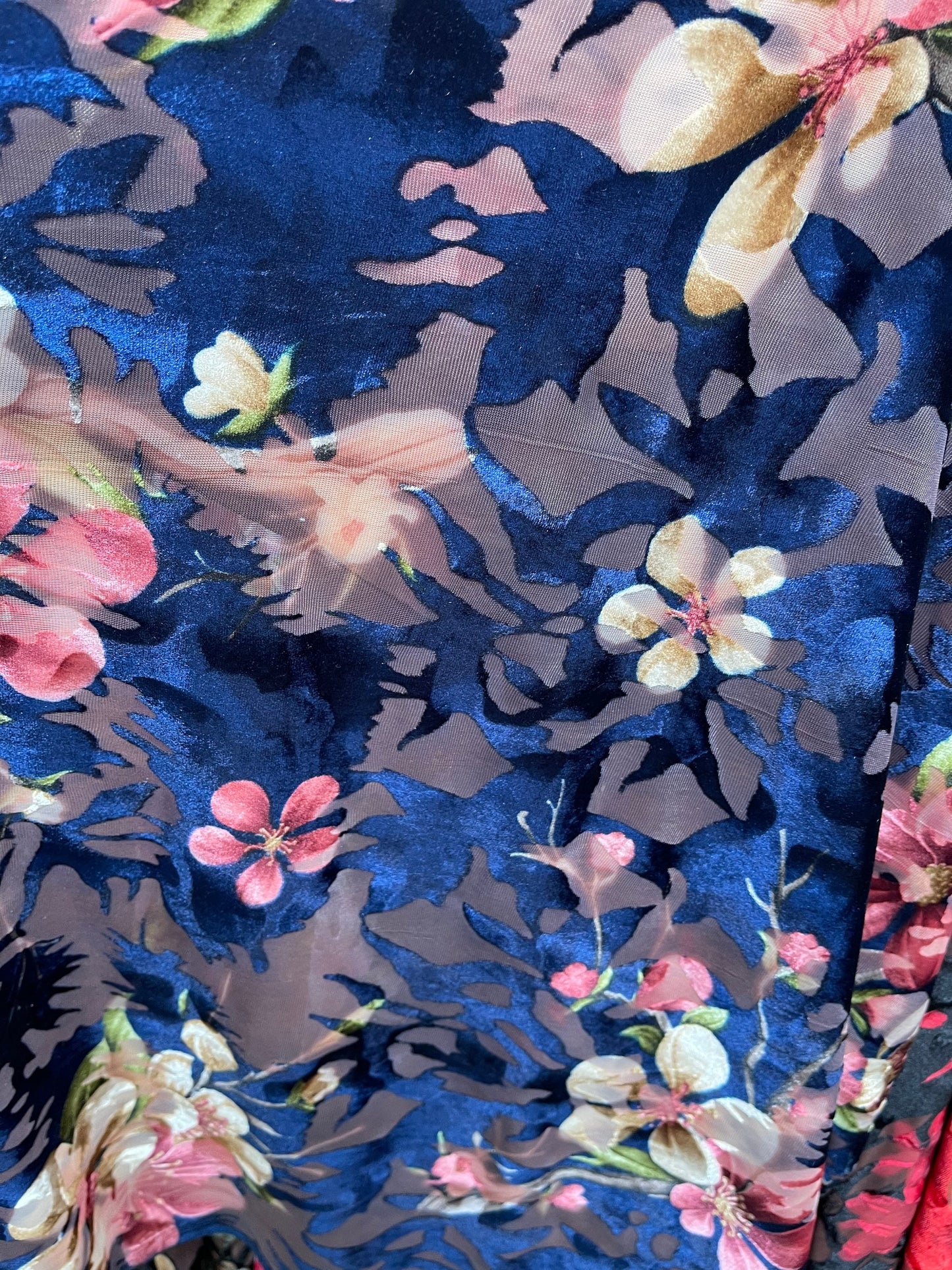 New Luxury burnout velvet flower design sapphire/multi 4-way stretch 54/55” Sold by the YD. Ships Worldwide from Los Angeles California USA.