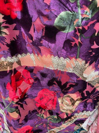 New Luxury burnout velvet flower design Magenta/Multi 4-way stretch 54/55” Sold by the YD. Ships Worldwide from Los Angeles California USA.