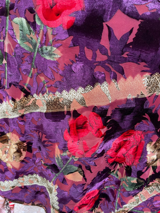 New Luxury burnout velvet flower design Magenta/Multi 4-way stretch 54/55” Sold by the YD. Ships Worldwide from Los Angeles California USA.