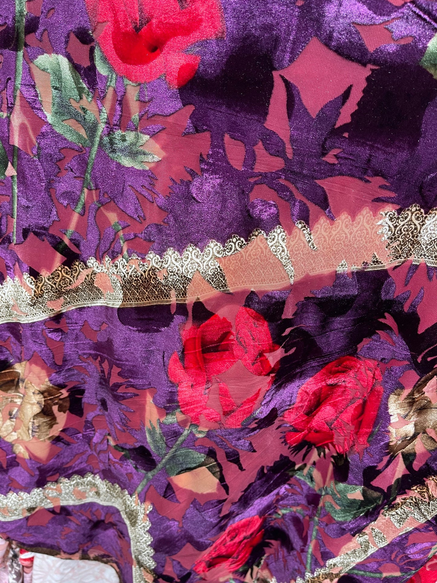 New Luxury burnout velvet flower design Magenta/Multi 4-way stretch 54/55” Sold by the YD. Ships Worldwide from Los Angeles California USA.