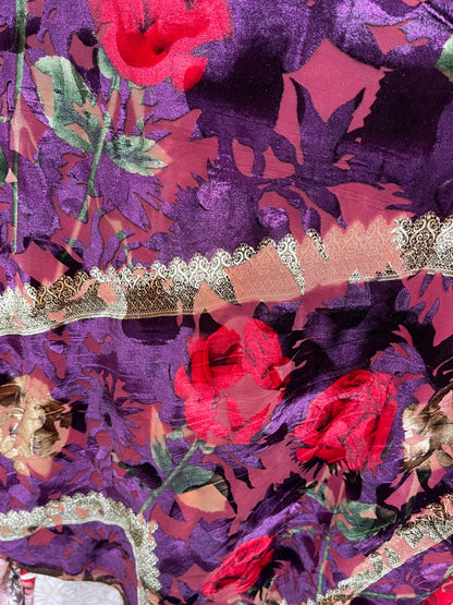 New Luxury burnout velvet flower design Magenta/Multi 4-way stretch 54/55” Sold by the YD. Ships Worldwide from Los Angeles California USA.