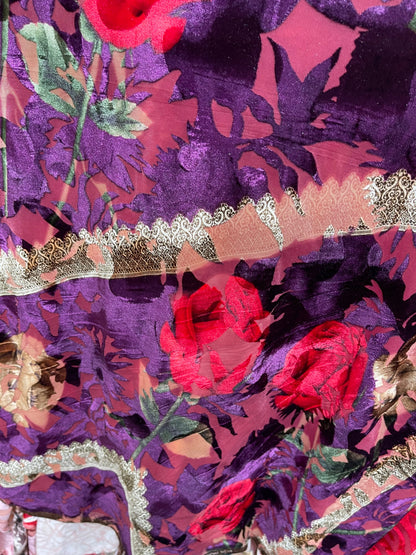New Luxury burnout velvet flower design Magenta/Multi 4-way stretch 54/55” Sold by the YD. Ships Worldwide from Los Angeles California USA.