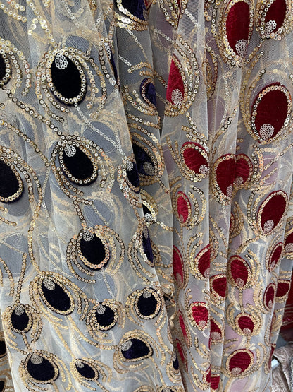 New Peacock design embroidered on stretch mesh 2-way 55/57 Sold by the YD. Ships Worldwide from Los Angeles California USA.