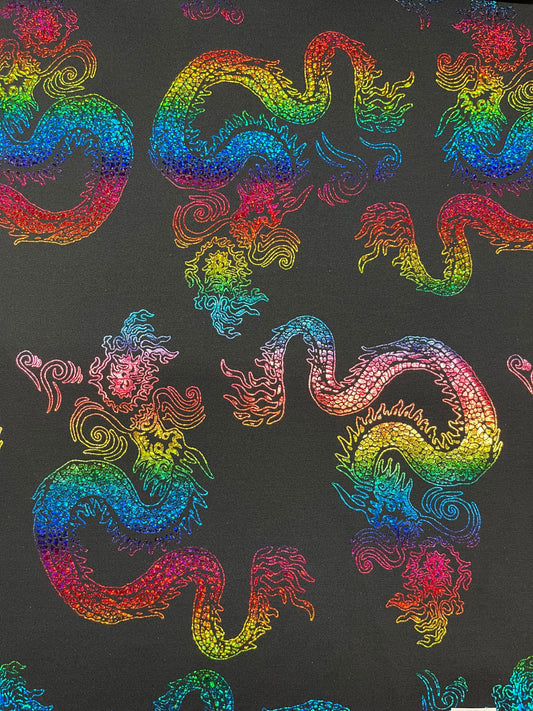 Exotic Dancing Dragón design hologram nylon spandex 4-way stretch 58/60” Sold by the YD. Ships Worldwide from Los Angeles California USA.