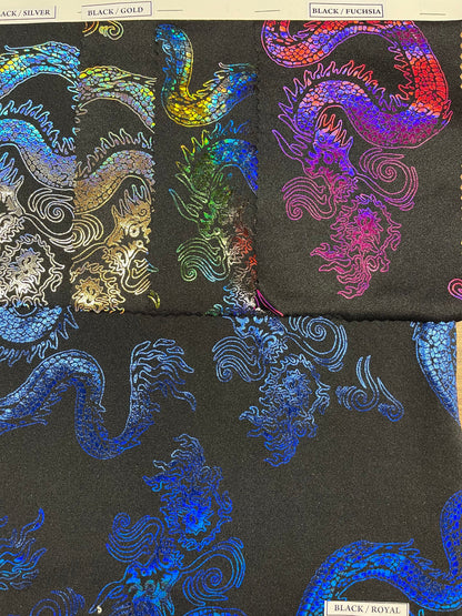 Exotic Dancing Dragón design hologram nylon spandex 4-way stretch 58/60” Sold by the YD. Ships Worldwide from Los Angeles California USA.