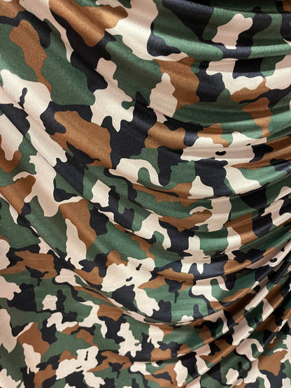 Camouflage design army green color print of great quality of stretch velvet 4-way stretch 58/60” Sold by the YD. Ships Worldwide