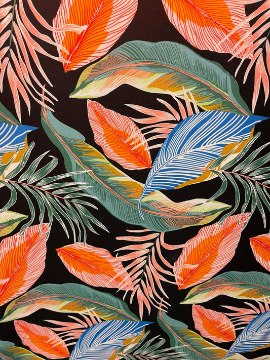 New tropical leaf design print on spandex poly techno 2-way stretch 58/60” Sold by the YD. Ships Worldwide from Los Angeles California USA.
