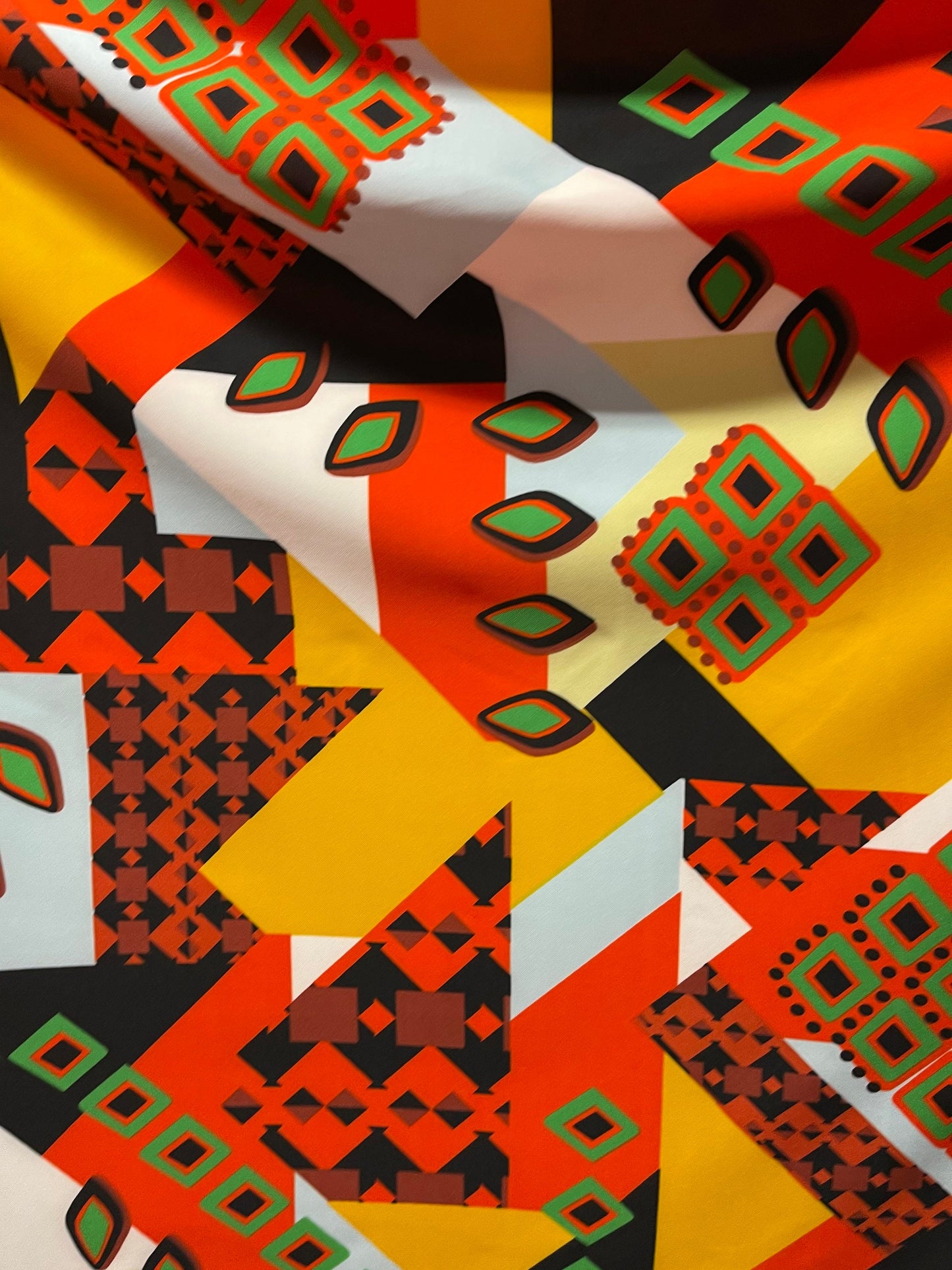Geometric abstract design print on spandex poly techno 2-way stretch 58/60” Sold by the YD. Ships Worldwide from Los Angeles California USA.