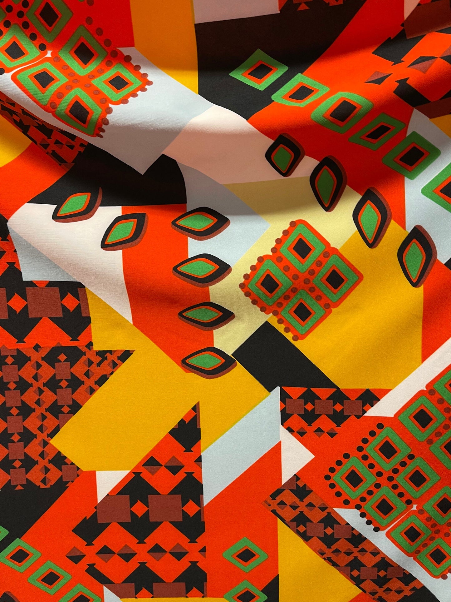 Geometric abstract design print on spandex poly techno 2-way stretch 58/60” Sold by the YD. Ships Worldwide from Los Angeles California USA.