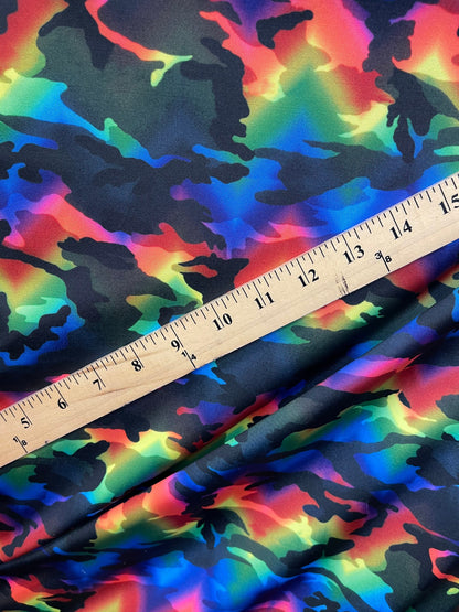 Camouflage design rainbow color print on great quality of Nylon spandex 4-way stretch 58/60” Sold by the YD. Ships Worldwide from L.A