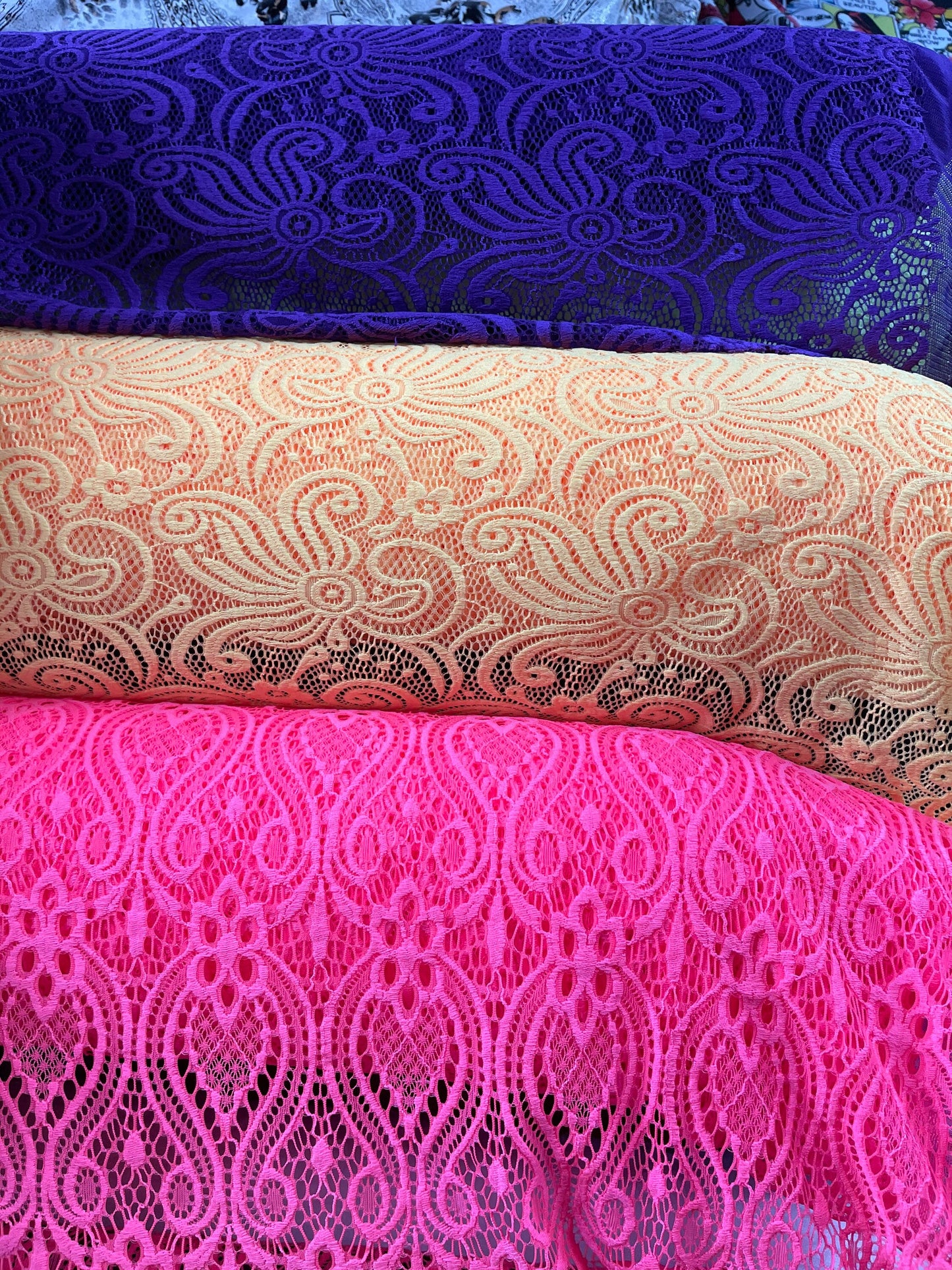 New swirl design Nylon Spandex stretch lace 4-way stretch 58/60” Sold by the YD. Ships Worldwide from Los Angeles California USA.