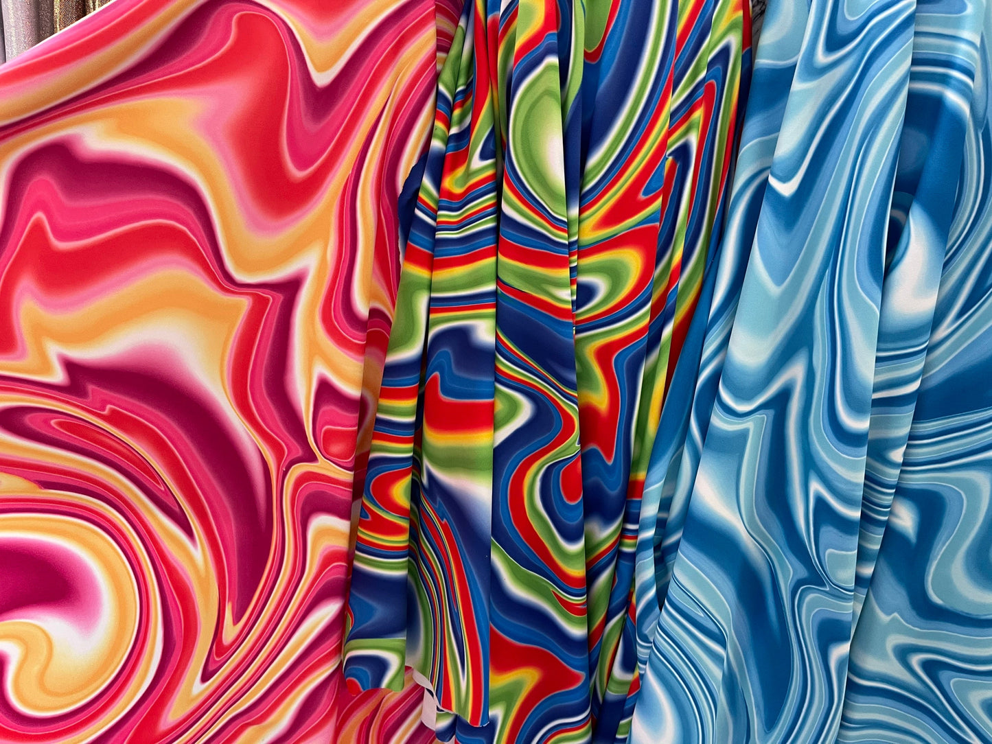 New Modern abstract lava design multicolor print on best quality of nylon spandex 4-way stretch 58/60” Sold by the YD. Ships Worldwide